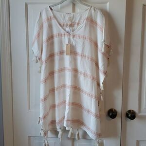 NWT SURF GYPSY COTTON BLEND STRIPE COVERUP SMALL CREAM PINK BLUSH TASSELS